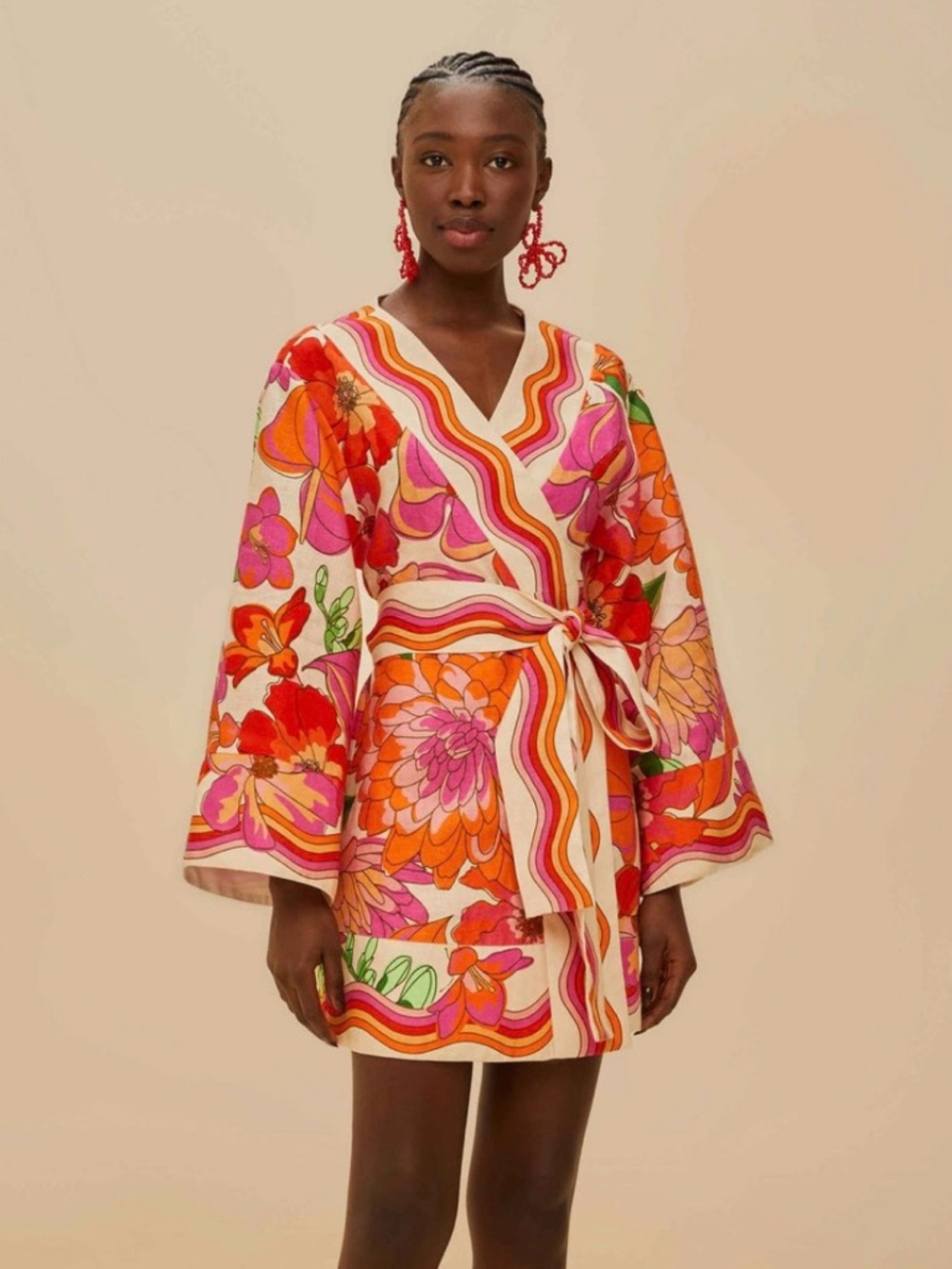 Farm Rio Spring Affair Beige Wrap Long Sleeve Mini Dress